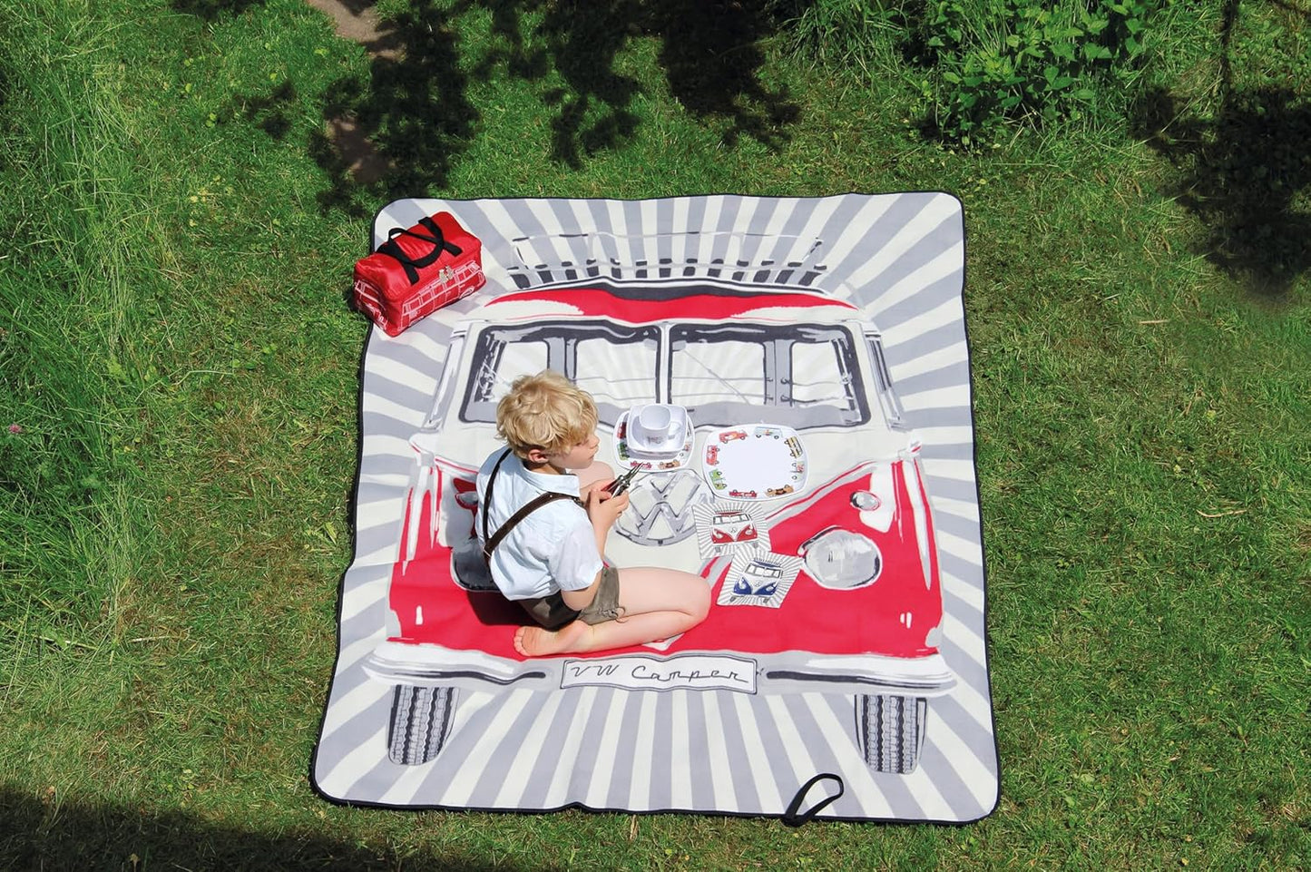 BRISA VW Collection - Volkswagen Picnic Cuddle Throw Blanket T1 Bus Campervan (Samba Stripes/Blue/200x150cm/59x78.7 in.)
