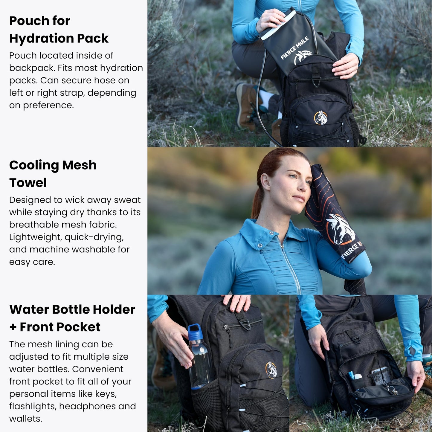 Fierce Mule Hydration Backpack 18L with First Aid Kit, 3L Water Bladder & Cooling Towel - Lightweight Hydration Daypack for Biking, Running, Hiking, Camping, Raves