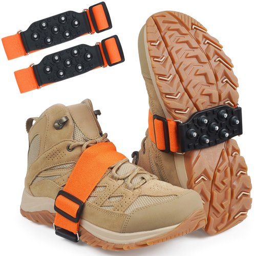 Ice Cleats Mid-Sole Snow Traction Cleats for Shoes and Boots Non-Slip Crampon with 7 Tungsten Studs Adjustable Straps for Secure Grip Snow Cleats for Winter Walking on Snow Ice Jogging Hiking (1Pair)
