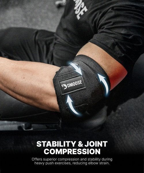 DMoose Fitness Elbow Wraps for Weightlifting (Pair) - 40'' Adjustable Elbow Strap for Gym Workout, Bench Press & Powerlifting - Compression Wraps for Tendonitis & Joint Support (Green Stripes)