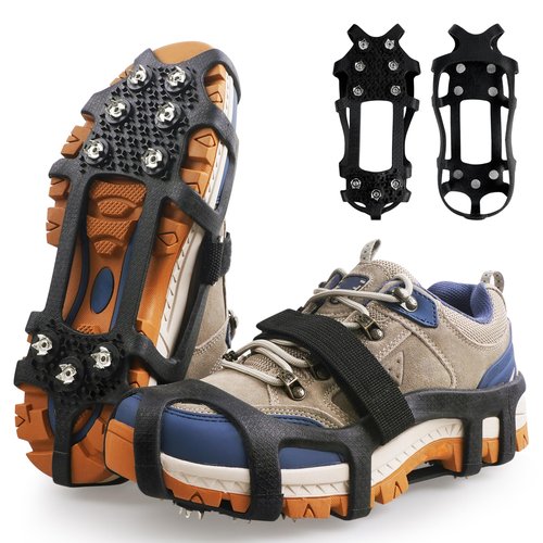 Ice Cleats for Shoes and Boots Snow Traction Cleats Crampons for Walking on Snow and Ice 9 Studs Non-Slip Overshoe Rubber Anti Slip Crampons Slip-on Stretch Footwear Winter Hiking Climbing Ice Fishing