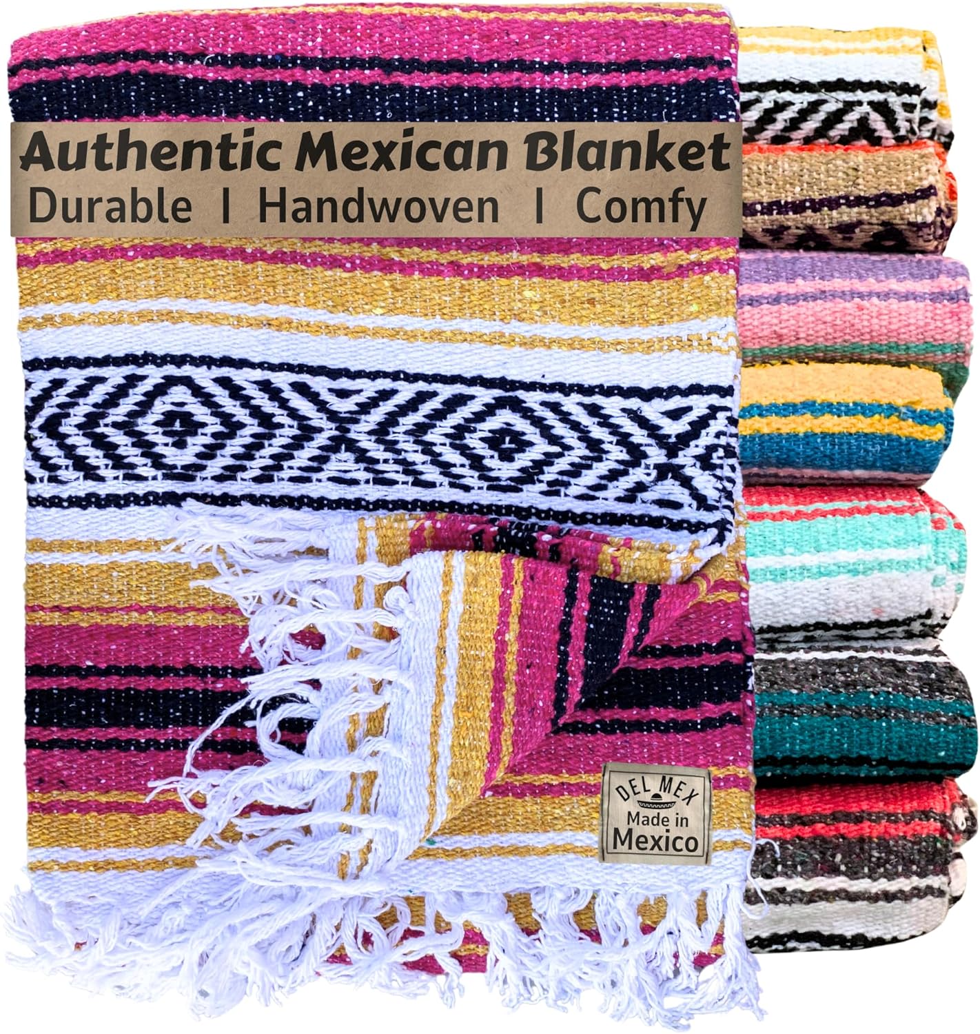 Authentic Del Mex Large Mexican Blanket - Woven Falsa Throw (70"x50") for Beach, Yoga & Outdoor Decor - Pink/Tan
