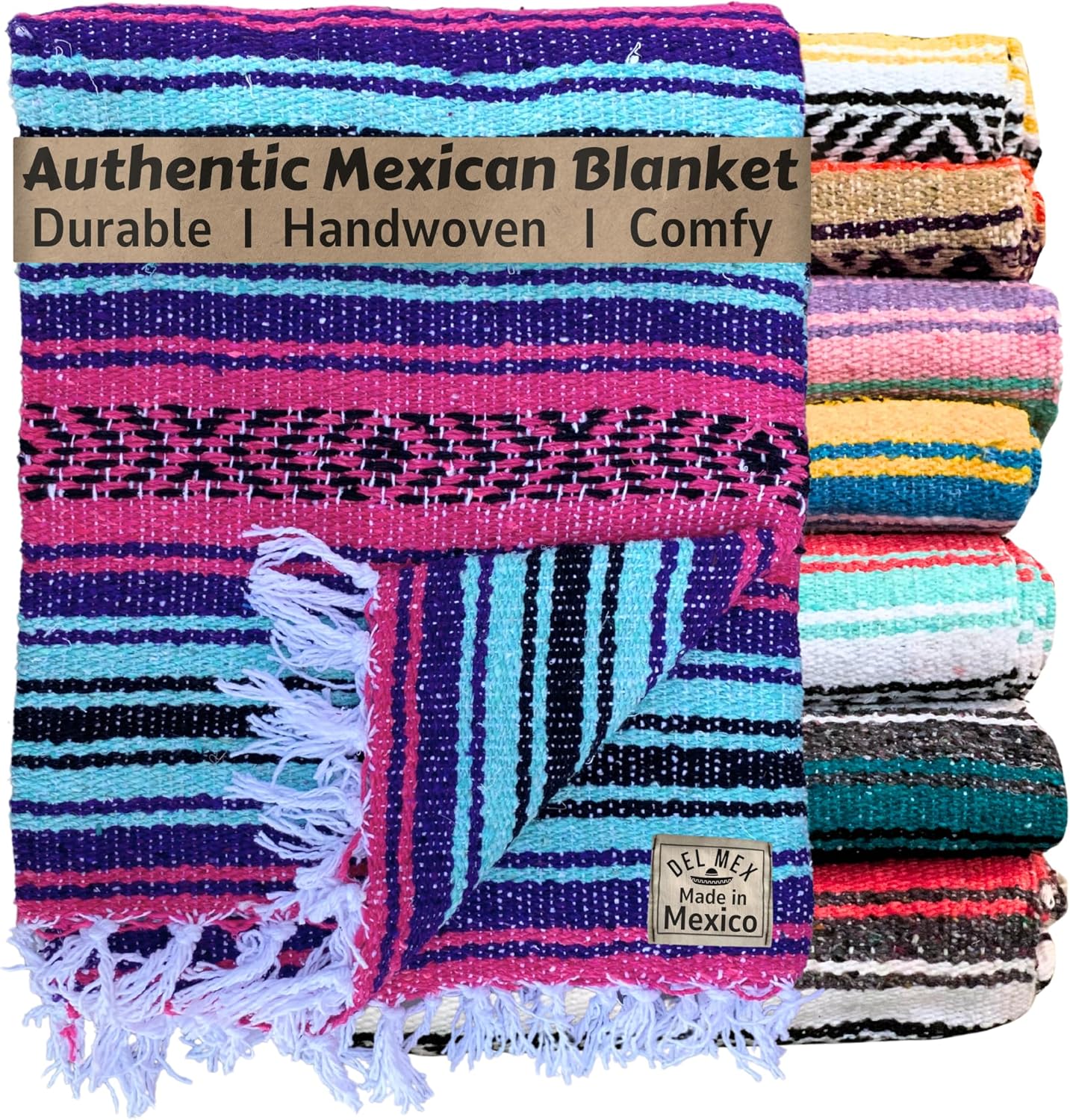 Authentic Del Mex Large Mexican Blanket - Woven Falsa Throw (70"x50") for Beach, Yoga & Outdoor Decor - Pink/Tan