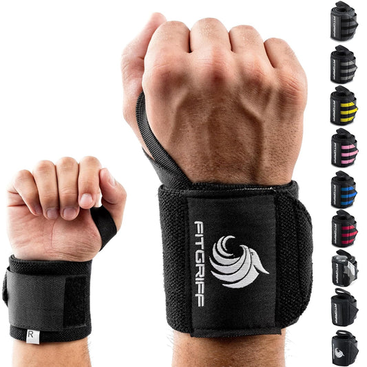 Fitgriff® Wrist Wraps for Weightlifting (18") Heavy-Duty Support for Gym, Bench Press, and Pushups (1 Pair) - for Men and Women (Black)