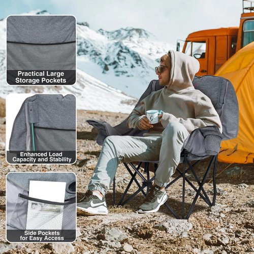 RELAX FIELD Oversized Camping Chair, Portable Folding Padded Camp Chairs with Side Pocket, Cup Holder, Heavy Duty Support 500LBS Outdoor Lounge Chair for Adults, Fishing, Sports, Trip, Grey