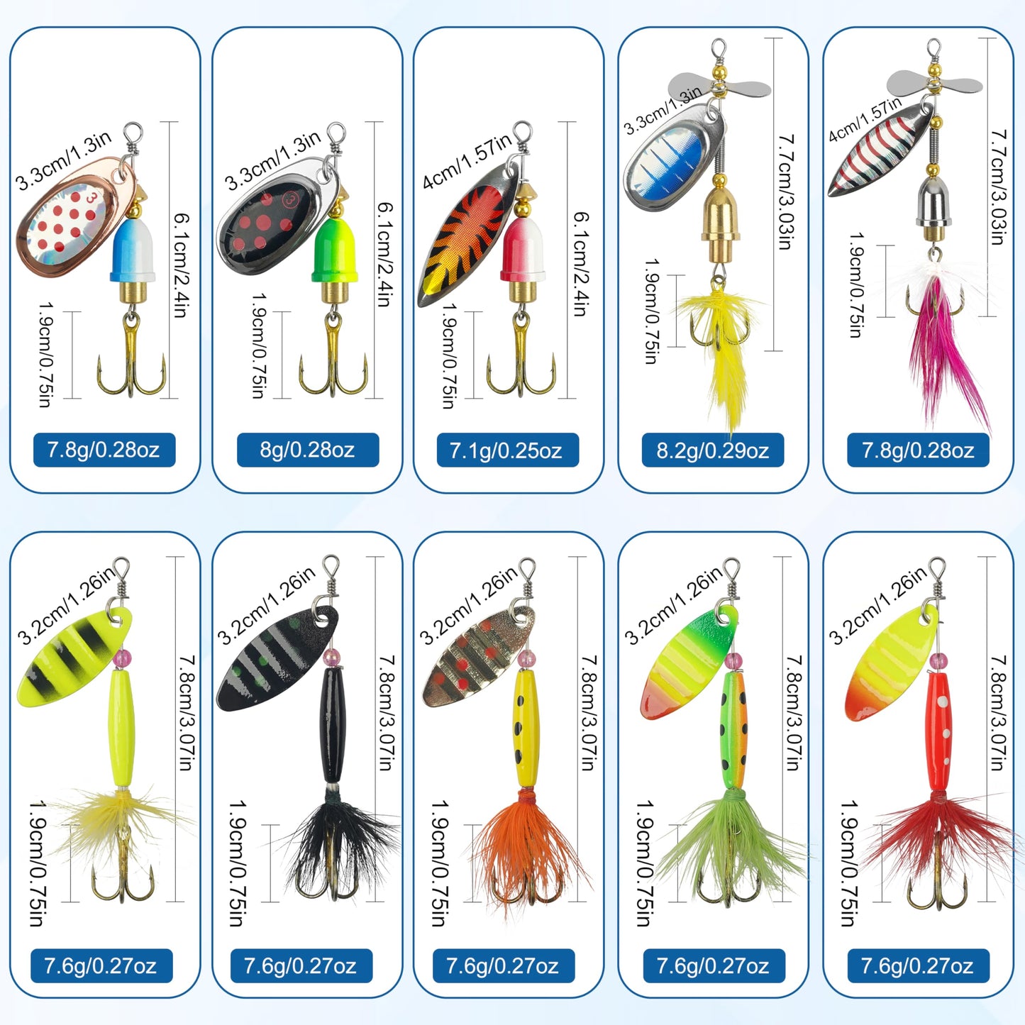 Fishing Lures Spinnerbait Kit Rooster Bait Tail Fishing Lures Inline Spinner Baits Bass Salmon Trout Spoon Hard Metal Spinnerbaits for Saltwater Freshwater