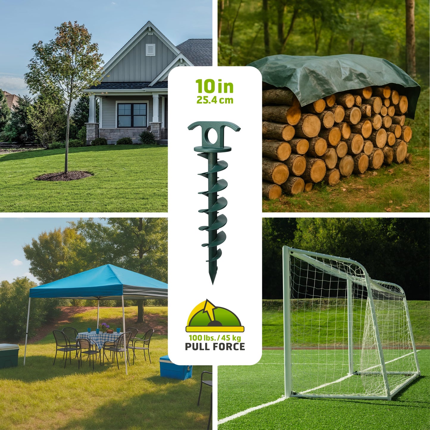 (2-Pack) Vortex 10" Ground Anchors, Screw-in Anchor for Yard, Tents, Tarps, 100 lb Pull Force, Green ANCPS10-HSG-L2