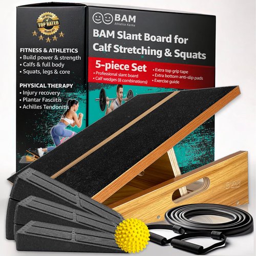 BAM's 5-in-1 Adjustable Calf Stretcher Slant Board & Exercise | Wide Fitness Slant Board for Calf Stretching, Exercise & Squats | Wooden Incline Board for Calf Stretching, Athletics & Physical Therapy