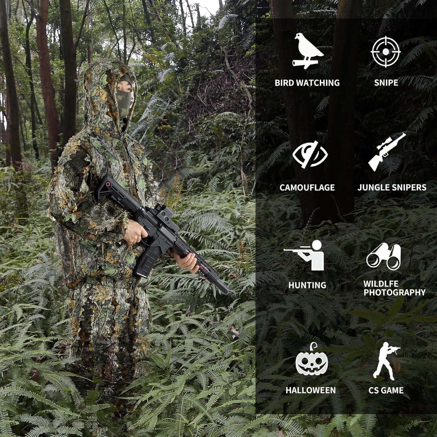 Zicac Outdoor Camo Ghillie Suit 3D Leafy Camouflage Clothing Jungle Woodland Hunting