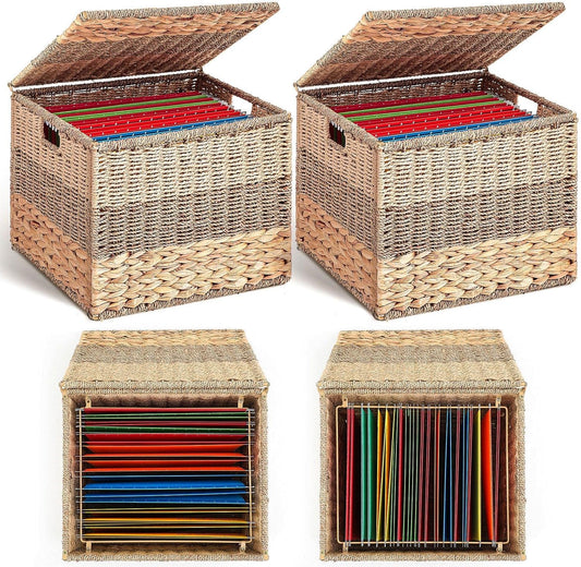 2 Pcs Extra Large Decorative File Box Seagrass Hanging Organizers for Letter & Legal Size File Basket Filing Cabinet with Lid Document Folder Box for Home Office Decor, Water Hyacinth