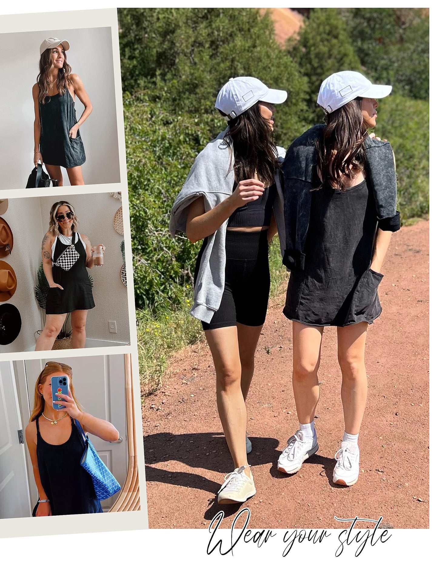 Lentta Womens Athletic Sleeveless Mini Dress with Built-in Shorts V Neck Spaghetti Strap Sundress(Black-XL)