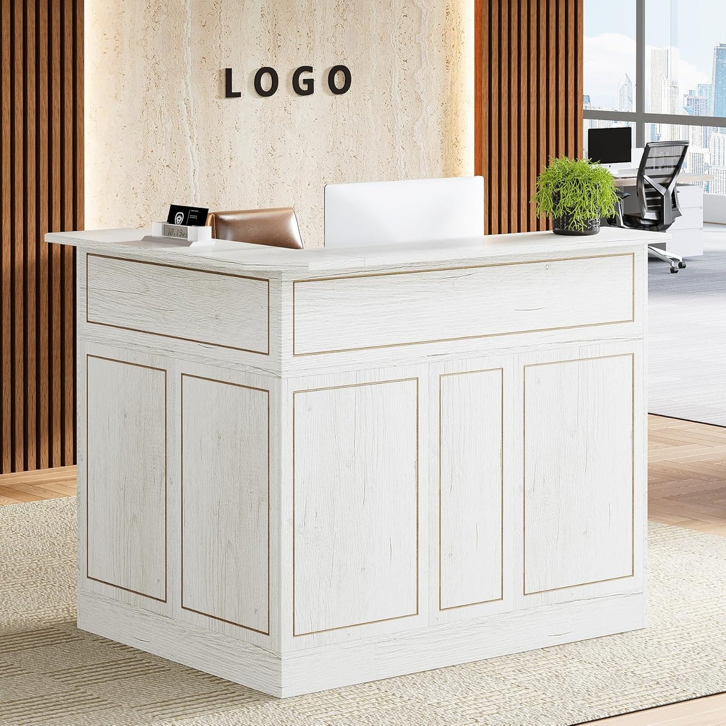 Tribesigns Reception Desk with Storage Shelves, L-Shaped Modern Front Desk, Reception Counter Table for Small Office, Salon, Checkout Office, Black