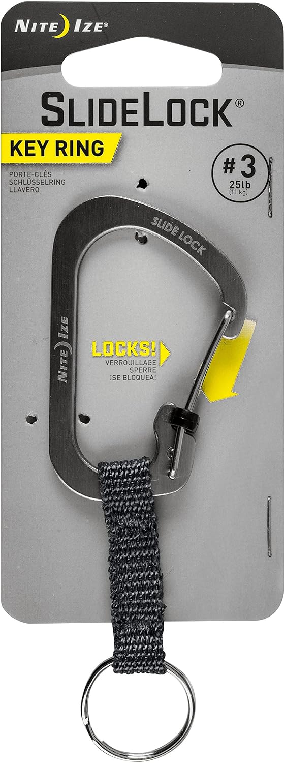 Nite Ize SlideLock Key Ring, Aluminum Locking Carabiner Key Chain with Webbing, Stainless Steel