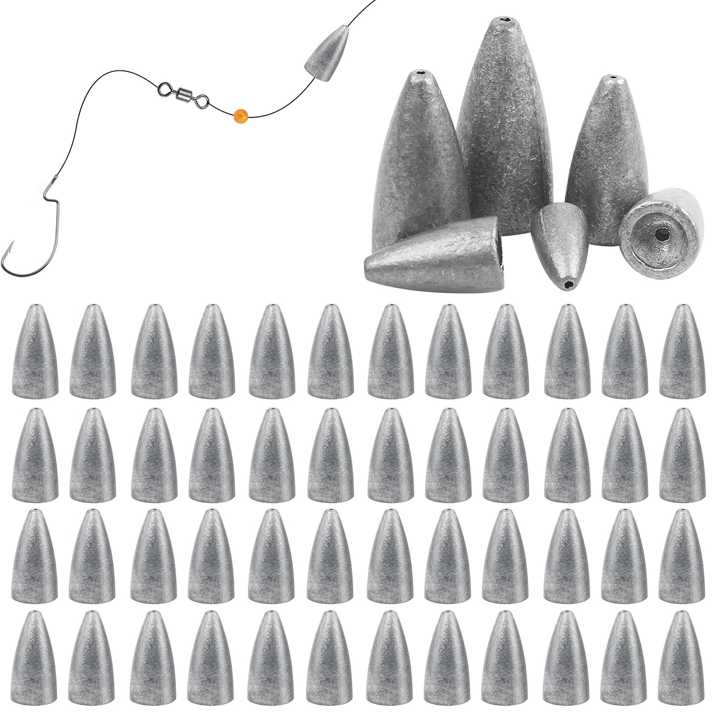Fishing Weights Sinkers, 50pcs Bullet Fishing Sinkers Worm Weights Slip Sinkers Sliding Fishing Weights for Bass Fishing Pitching and Flipping Texas Rigs Saltwater Freshwater