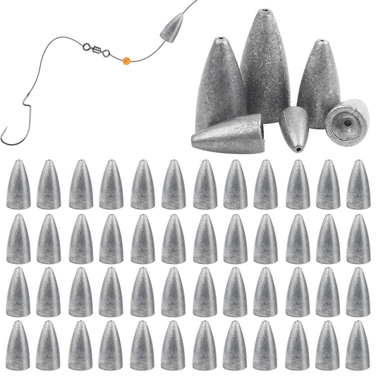 Fishing Weights Sinkers, 50pcs Bullet Fishing Sinkers Worm Weights Slip Sinkers Sliding Fishing Weights for Bass Fishing Pitching and Flipping Texas Rigs Saltwater Freshwater