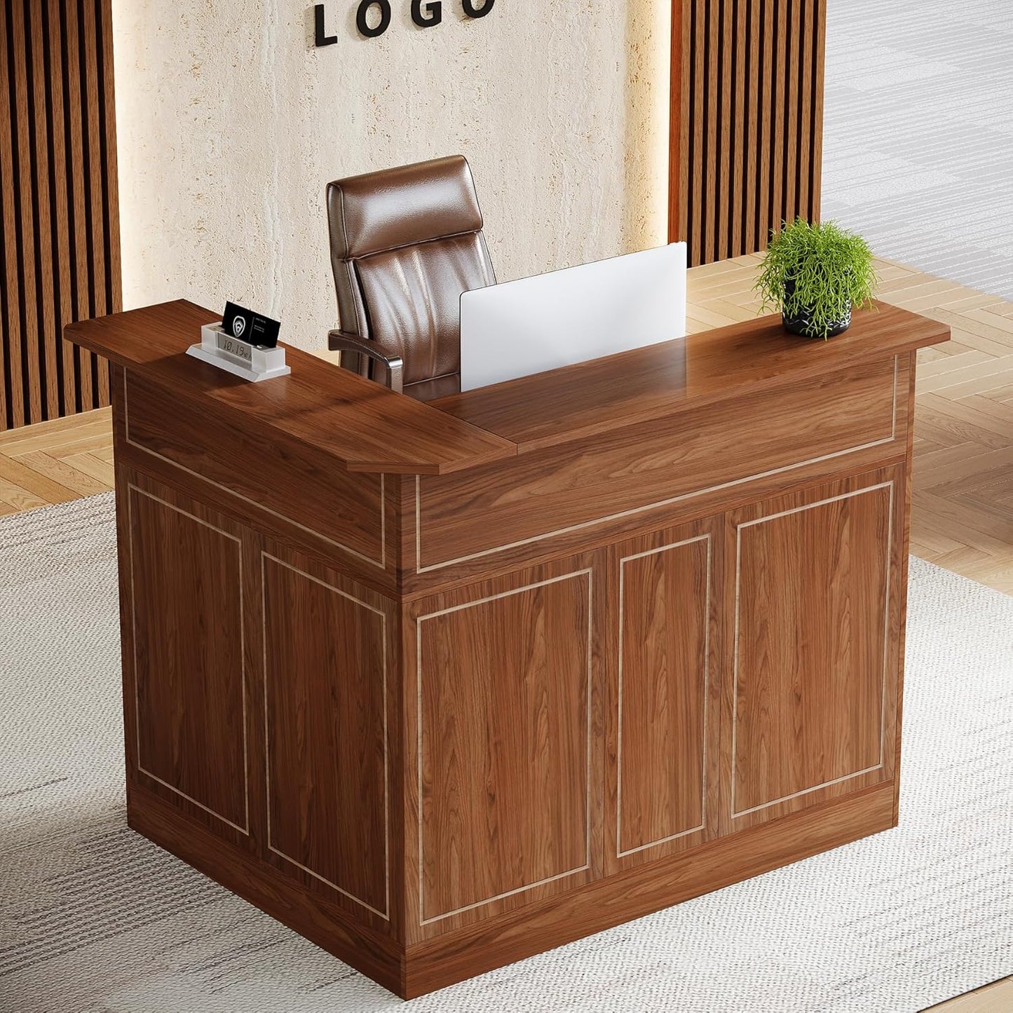 Tribesigns Reception Desk with Storage Shelves, L-Shaped Modern Front Desk, Reception Counter Table for Small Office, Salon, Checkout Office, Black