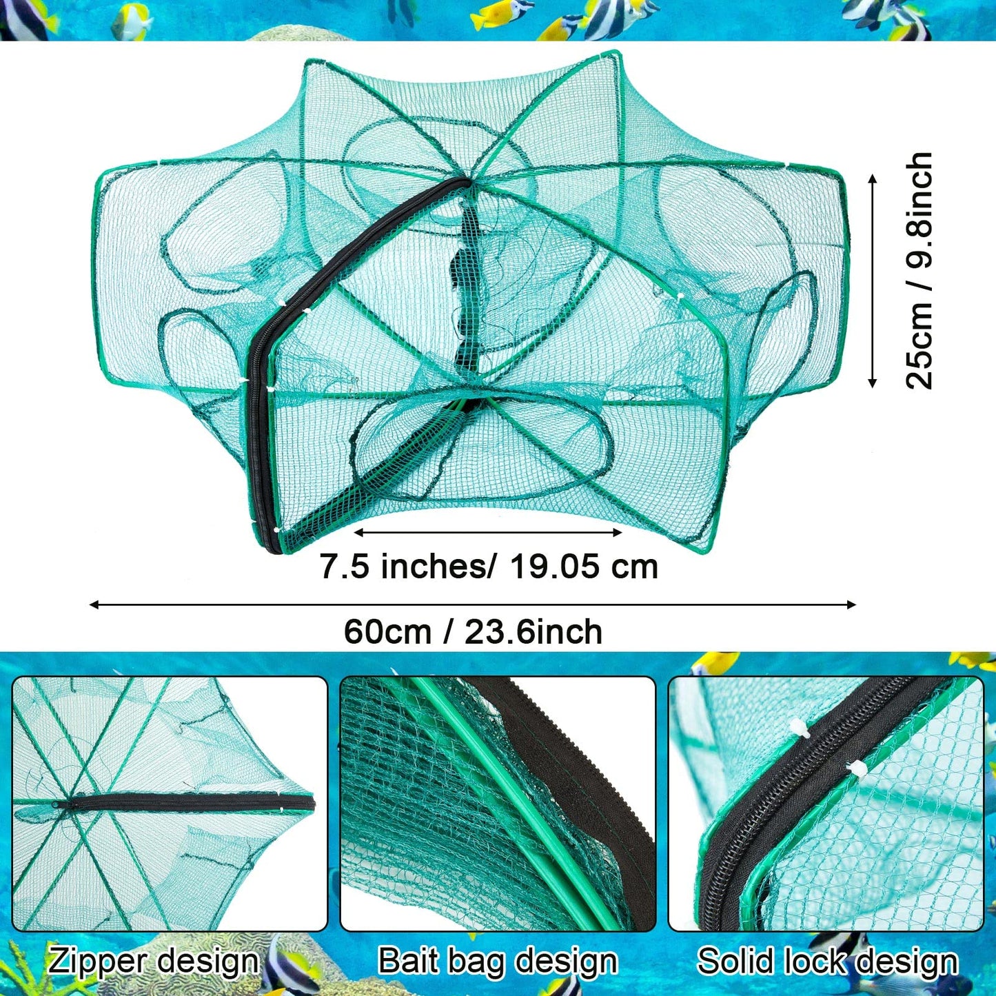 Woanger 3 Pcs Minnow Trap, Include 2 Fishing Bait Trap 1 Cylindrical Hexagon Crab Crawfish Trap, Lobster Shrimp Collapsible Cast Nets Portable Folded Fishing Accessories,12x21.65 Inches