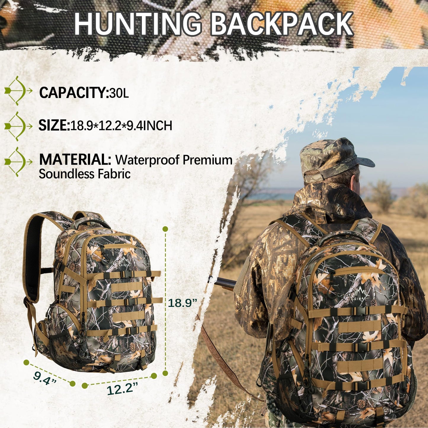 GoHimal 600D Waterproof Hunting Backpack for Men, 35L Camo Hunting Pack with Bow Holder