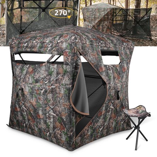 CVLIFE Hunting Blind 270 Degree See Through, Ground Blinds for Deer Hunting, 2-3 Person Pop Up Ground Blinds with Sliding Silent Windows, Portable Hunting Tent for Turkey Hunting