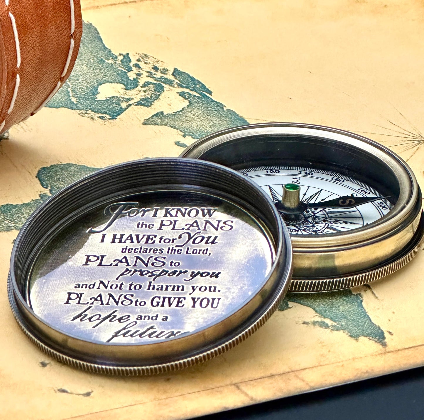 for I Know The Plans I Have for You - Jeremiah 29:11, Compass Engraved Leather Box, Christian & Religious Gifts for Men, Confirmation, Communion & Baptismal Gifts