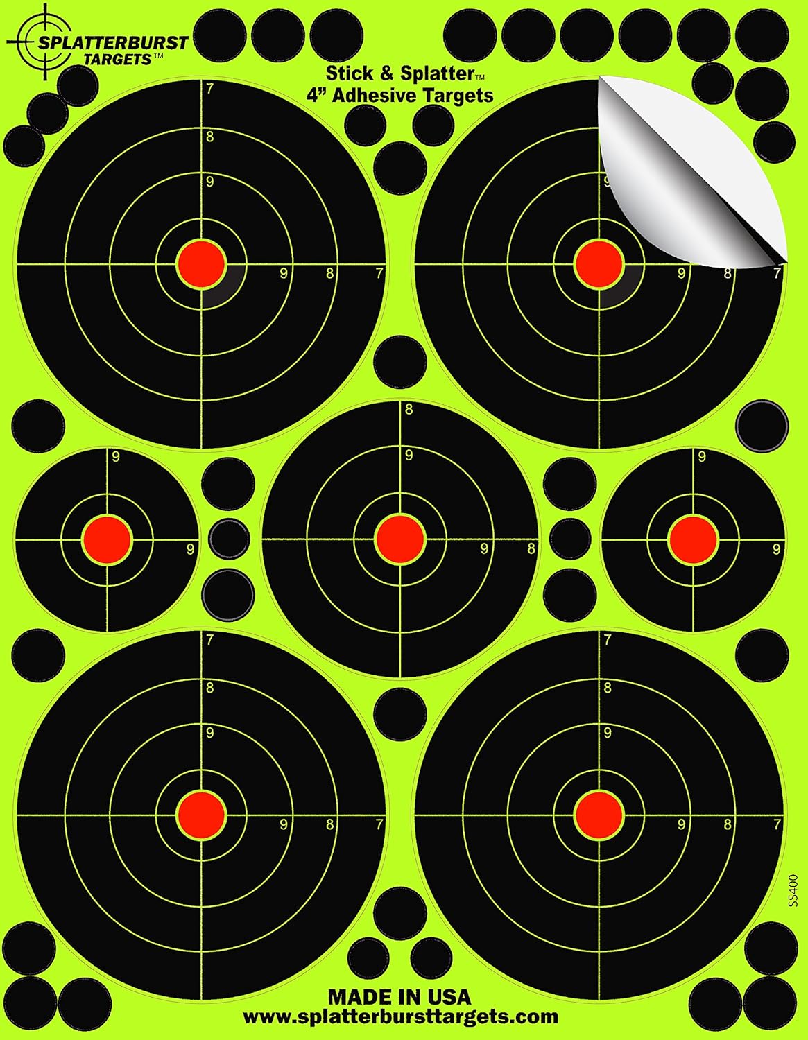 Adhesive Splatterburst Shooting Targets - 4 Inch for Rifle, Pistol & Airsoft - USA Made