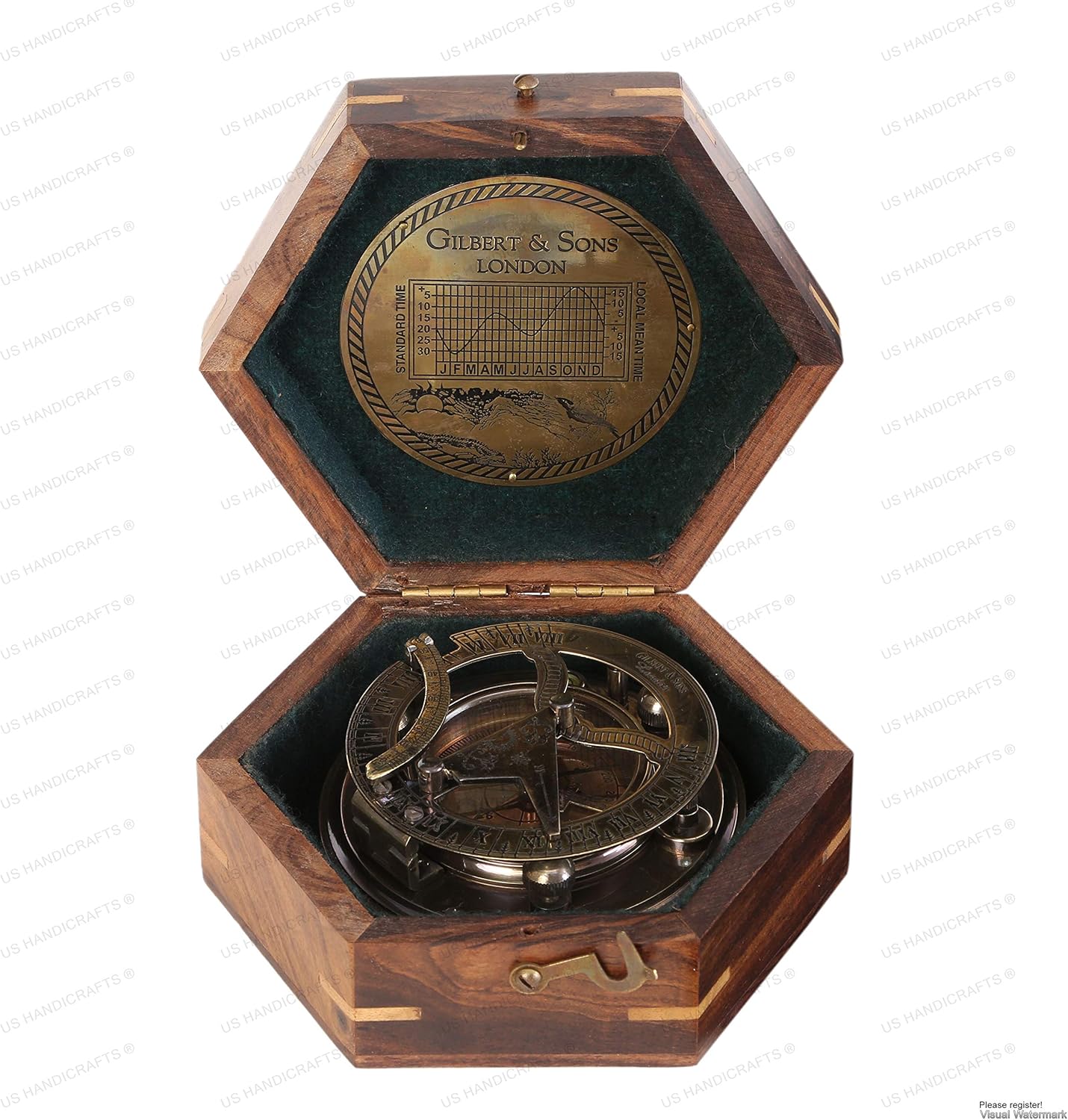 Vintage Brass Sundial Compass – Engraved Navigation Instrument with Wooden Case & Calendar – Baptism Gift for Son, Loved Ones, Camping & Hiking