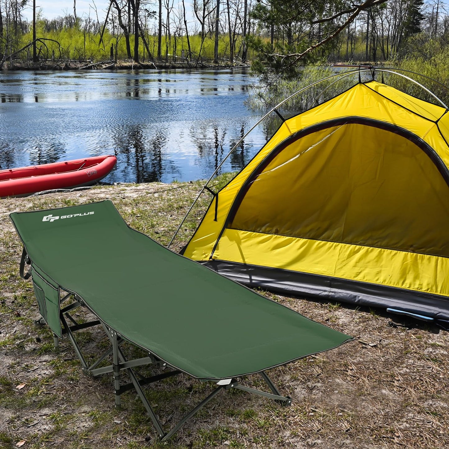 Goplus Folding Camping Cot, 27.5" Sleeping Cot for Adults with Carry Bag, 600LBS Weight Capacity, Slanted Head, Side Pocket, Heavy Duty Portable Camping Bed for Kids, Beach, Office Snap (Green)