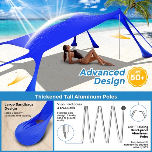 VIONMI Beach Canopy Beach Tent Pop Up Shade 10x10ft Sun Shelter UPF50+ with 8 Sandbags-2 Sand Shovel-4 Aluminum Poles-Ground Pegs-Portable Carrying Bag for Outdoor Family Camping Fishing Yard Picnic