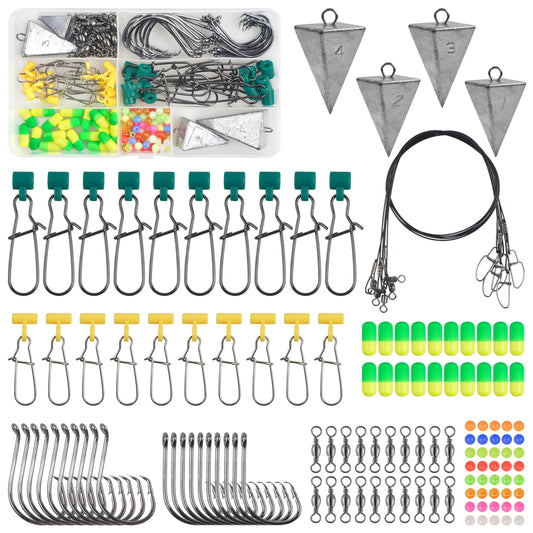 129pcs Surf Fishing Tackle Kit Fish Finder Rig Surf Fishing Rigs Include Pyramid Sinker Weights Sinker Slider Wire Leaders Hooks Swivels Beads Foam Floats Saltwater Fishing Accessories