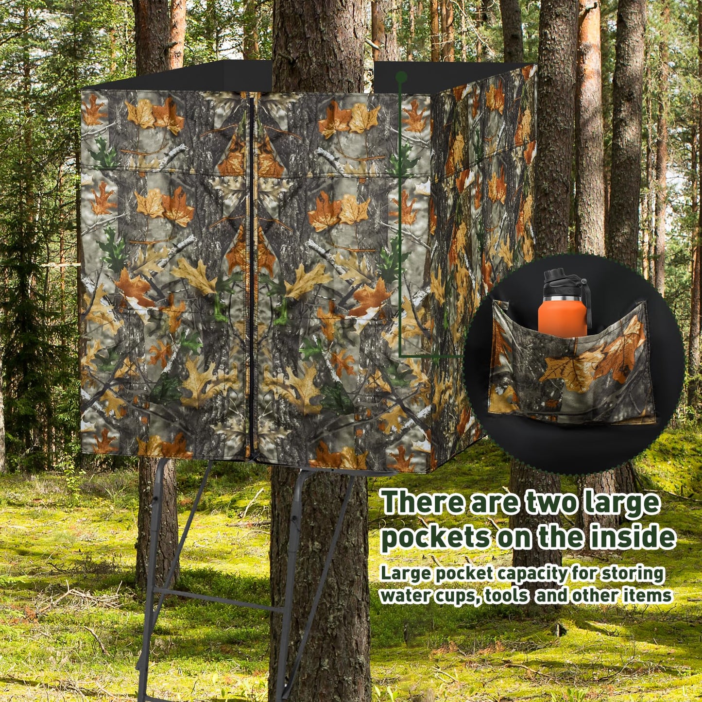 Four-sided Hunting Tree Stand Blinds Kit, 142" x 35" Large Treestand Camo Blind Cover Universal 2 Man Ladder Stand Blind Camouflage Stand Accessories with Zipper Pocket Storage Bag for Deer Hunting