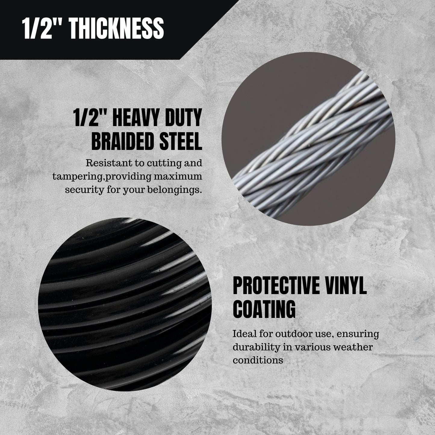 Performore Heavy-Duty Security Cable with Looped Ends 7-Foot Black Steel Cable 1/2-Inch Thick PVC-Coated Anti-Theft Locking Cord Weatherproof Design with Waterproof Storage Bag