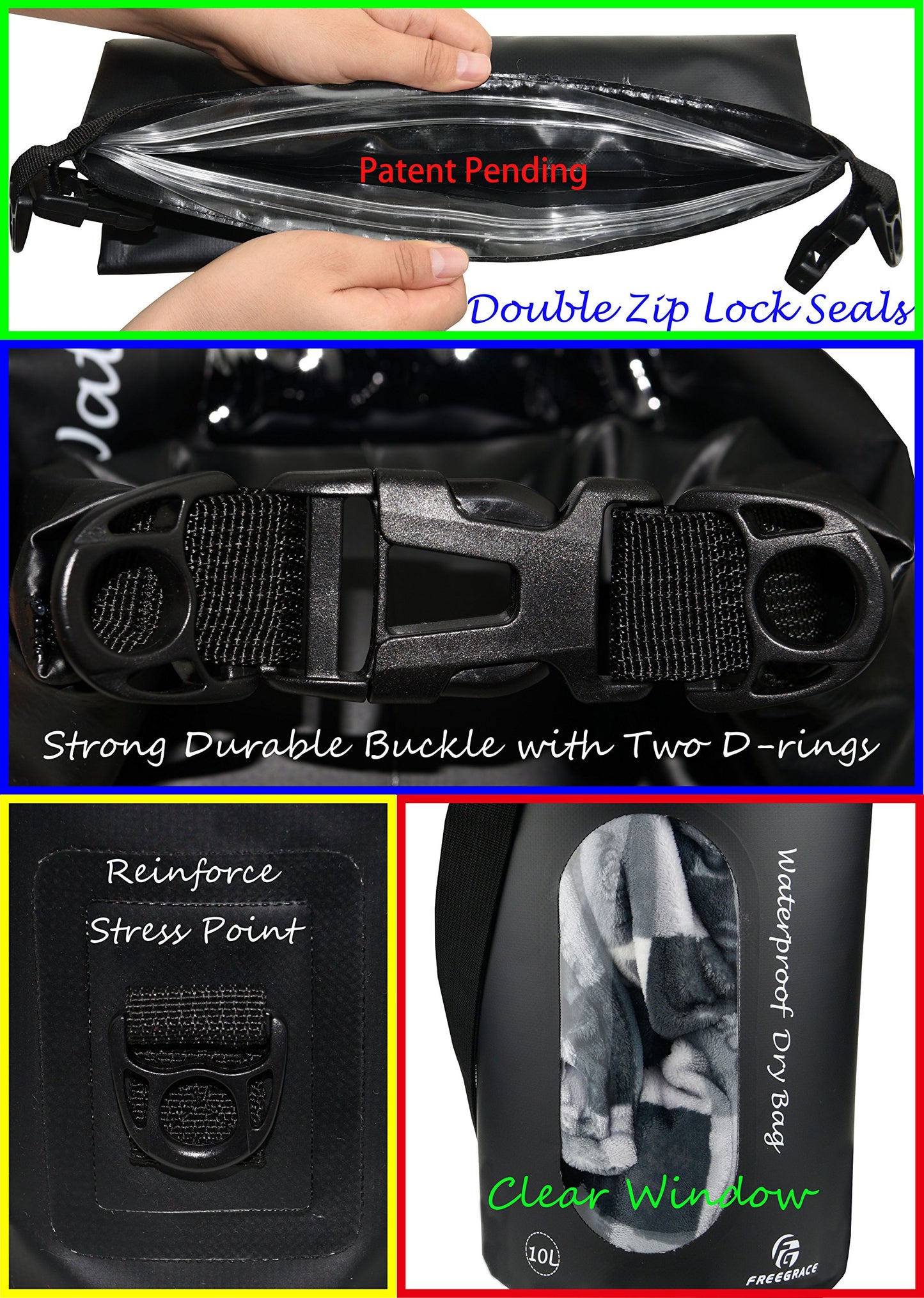 Freegrace Waterproof Dry Bag Set of 3 - Submersible Dry Sack with Double Zip Lock Seals - Includes Waist Pouch & Phone Case - Perfect for Kayaking, Swimming, Boating & Rafting (Black(Window), 5L)
