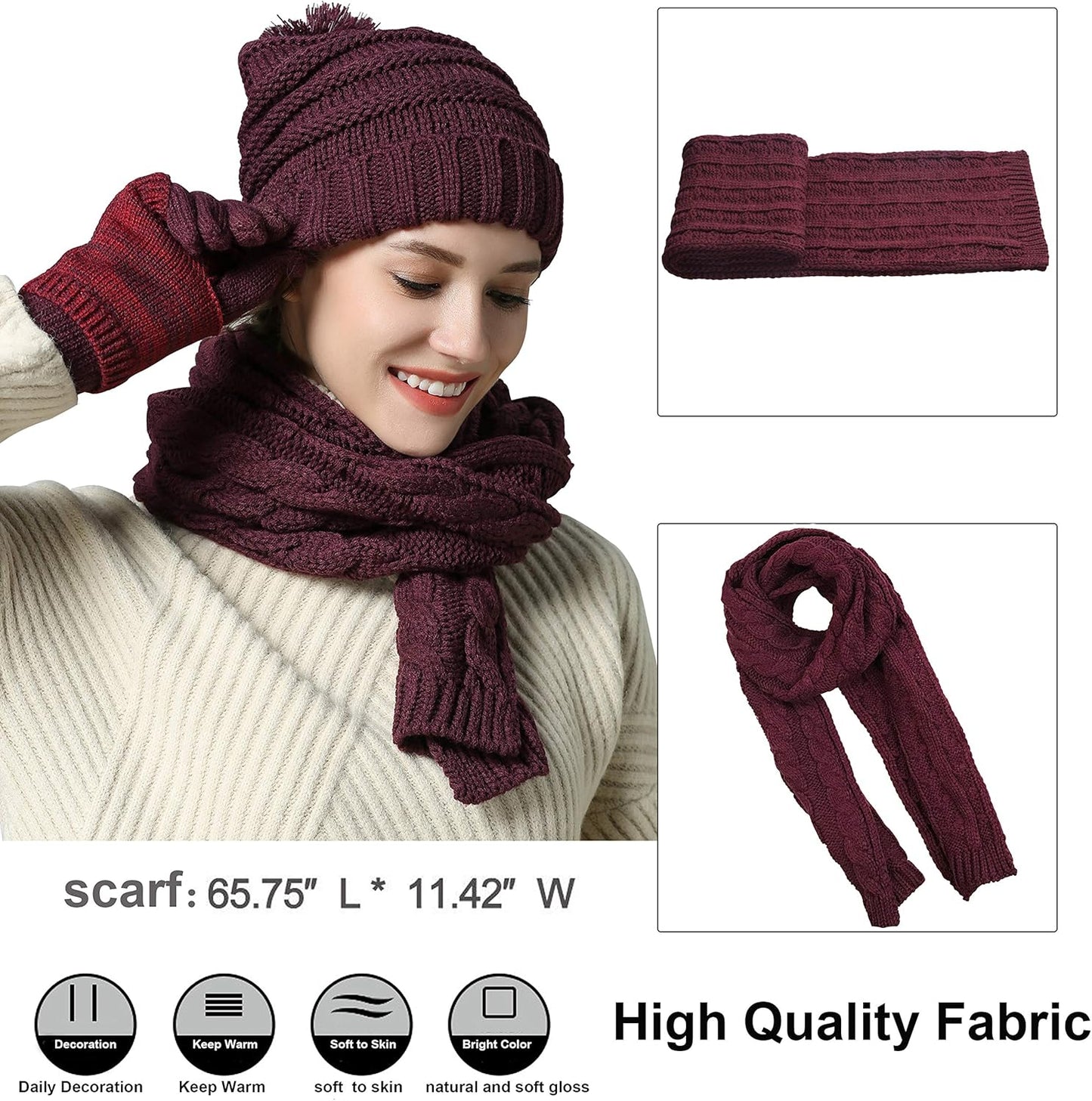 Winter Hat Gloves Scarf Set for Women, Cable Knit Beanie Pom Cap Touch Screen Glove Long Scarf 3PCS Winter Gift for Women Men