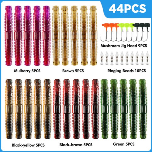 PLUSINNO Ned Worms Bass Fishing Lure Kit, 44PCS Ned Rig Worms Kit with Ring Beads, Soft Plastic Fishing Baits with Ned Rig Jig Heads, Widely for Panfish, Perch, Trout, Pike, Fishing Gifts for Men