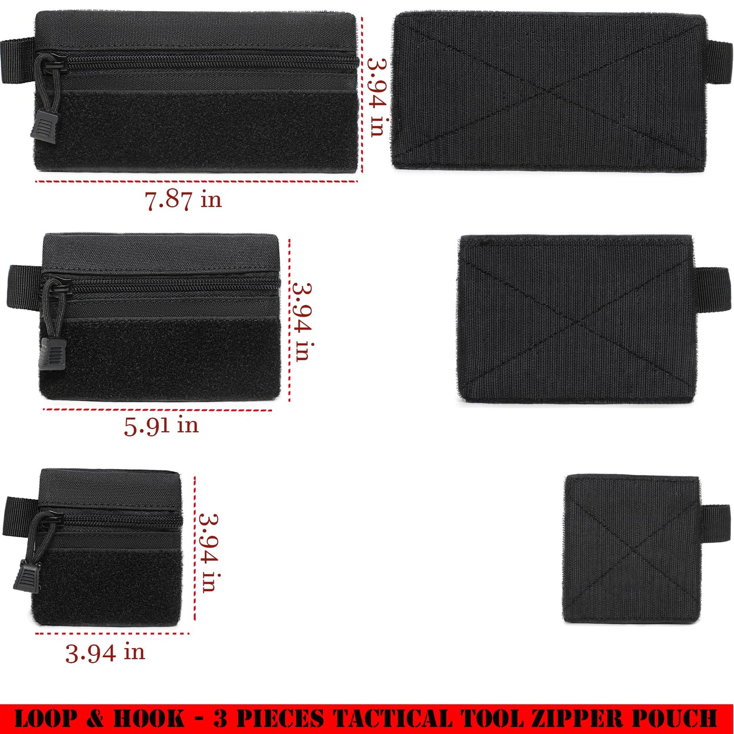 3 Pieces MINI Tactical Tool Zipper Pouch with US Patches & D-Ring Clips - Expansion Pouch,Bag Insert EDC Organizer,Utility Storage Accessories with Hook Fasteners for Vest Backpack Bag Hook and Loop