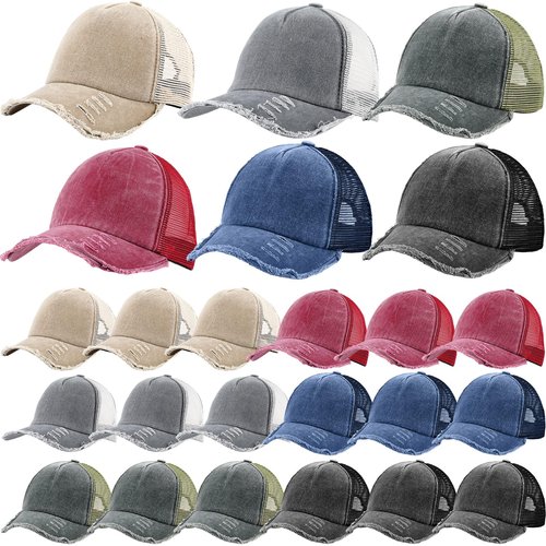 Suhine 24 Pcs Blank Baseball Caps Bulk Unisex Vintage Cap Mesh Distressed Hats Plain Adjustable Dad Hat for Women Men Trucker(Bright Color)