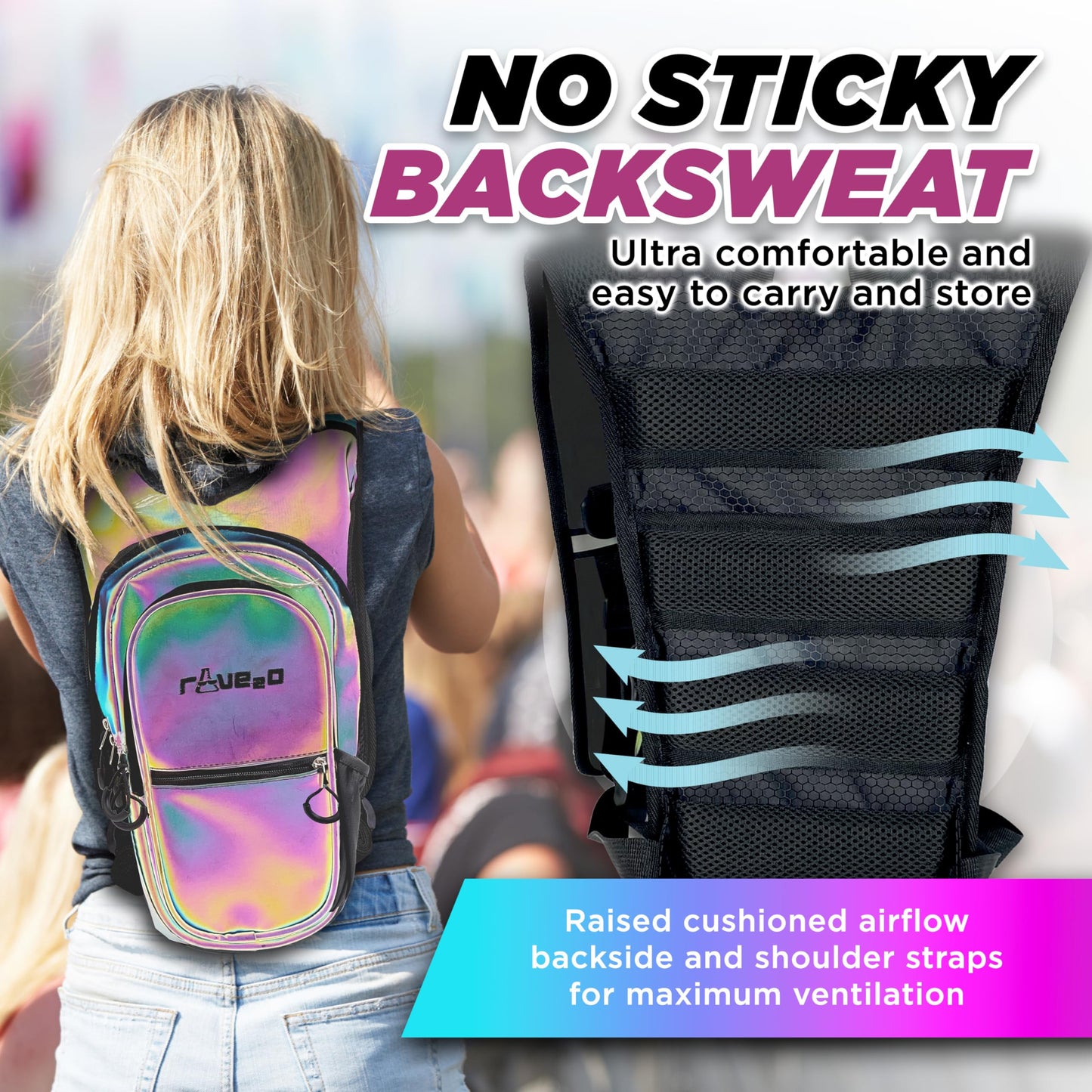 Rave2o Rave Hydration Backpack – Anti-Theft Festival Hydration Pack with 1.5L Leakproof TPU Bladder – Slim, Insulated Water Pack Secret Pockets & Breathable – Raves, Music Festivals, EDC - Prism Black