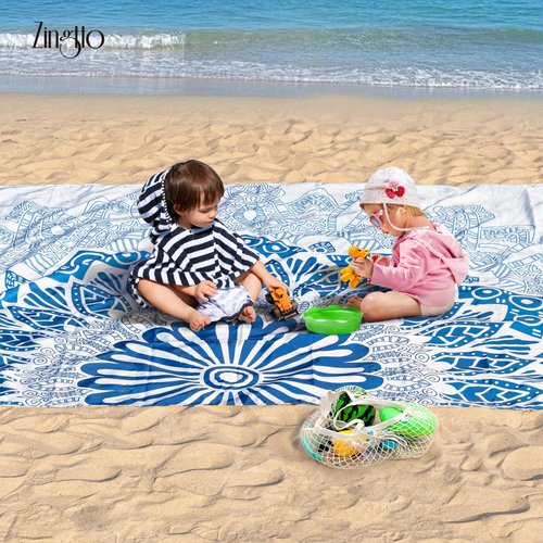 Zingtto Silky Soft 108"x84" Sand Proof Beach Blanket Sand Proof Mat with Corner Pockets and Fashion Mesh Bag for Beach Party, Travel, Camping and Outdoor Music Festival, Boho Blue Mandala