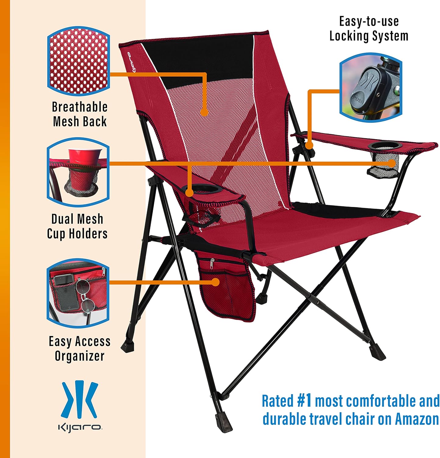 Kijaro Portable Camping Chairs - Enjoy the Outdoors with a Versatile Folding Sports Chair for Outdoor & Lawn - Dual Lock Feature Locks Position – Hallet Peak Gray