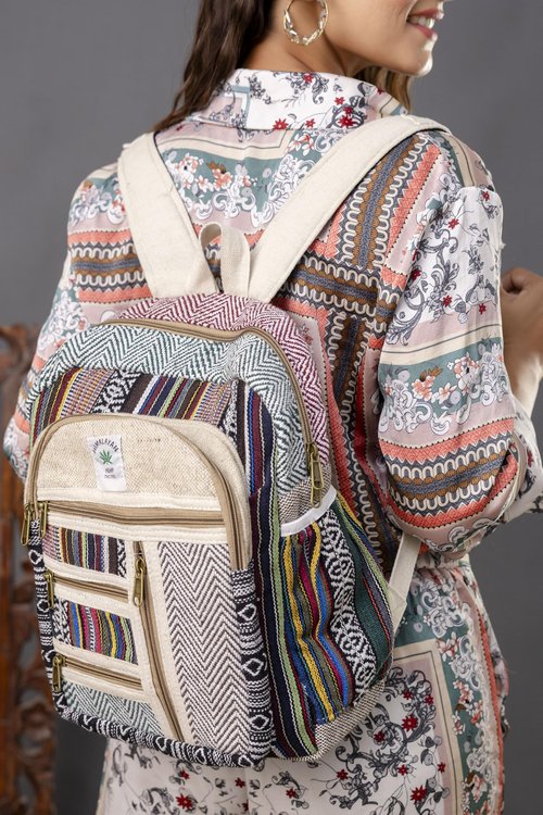 Shubhlaxmifashion Small Hemp Cotton Daypack Backpack - Multi-color, 14 Inch, 9L, Compact (13x14x5 Inch), Travel, Hiking, Adult, Unisex