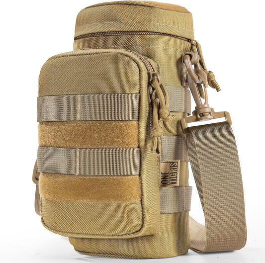 OneTigris Molle Water Bottle Pouch, 32oz Sniper Bottle Holder Tactical Hydration Carrier Bag with Extra Pouch and Detachable Shoulder Strap 1000D Nylon for Hiking Camping Climbing