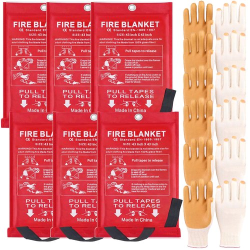 ZYIGYI 43 in Emergency Fire Blanket - 6 Pack Fire Suppression Blanket for Kitchen Home Fireplace Grill Office and 6 Pair Gloves