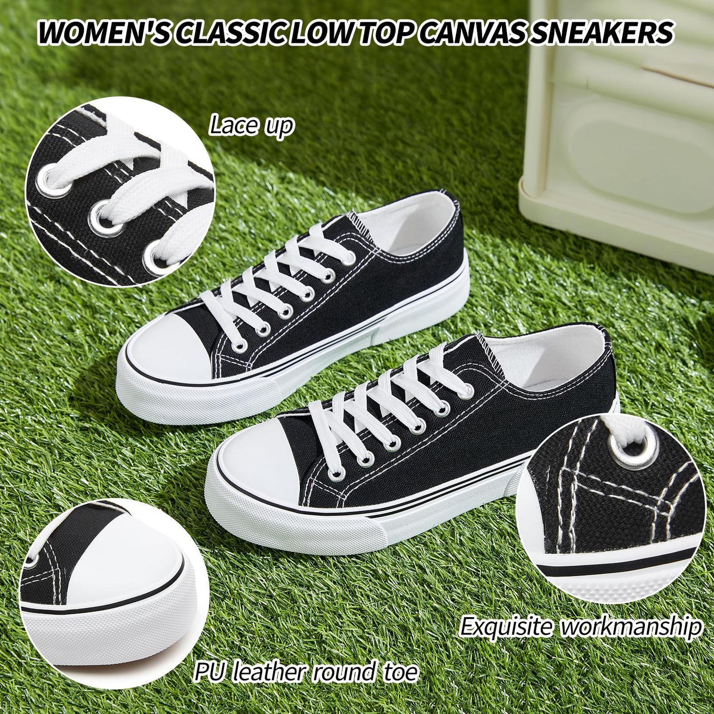 Adokoo Canvas Tennis Shoes for Women Low Top Casual White Black Sneakers for Women Lace Up Fashion Comfortable Walking Shoes (Black,8)