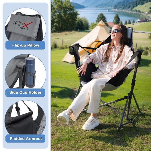 RELAX FIELD Hammock Camping Chair, 3 Heights Swinging Chair with Adjustable Backrest, Folding Rocking Chair with Head Pillow&Cup Holder, Outdoor Chairs for Camping and Hiking, Supports 350lbs, Black