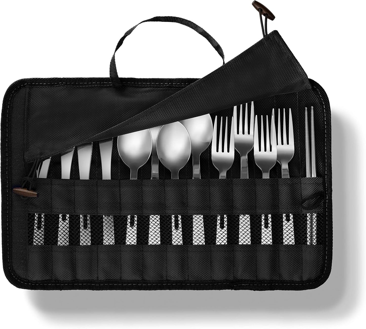 13 Piece Stainless Steel Family Cutlery Picnic Utensil Set with Travel Case for Camping | Hiking | BBQs - Includes Forks | Spoons | Knifes | Chopstick, Plus Nylon Commuter Case (Green)