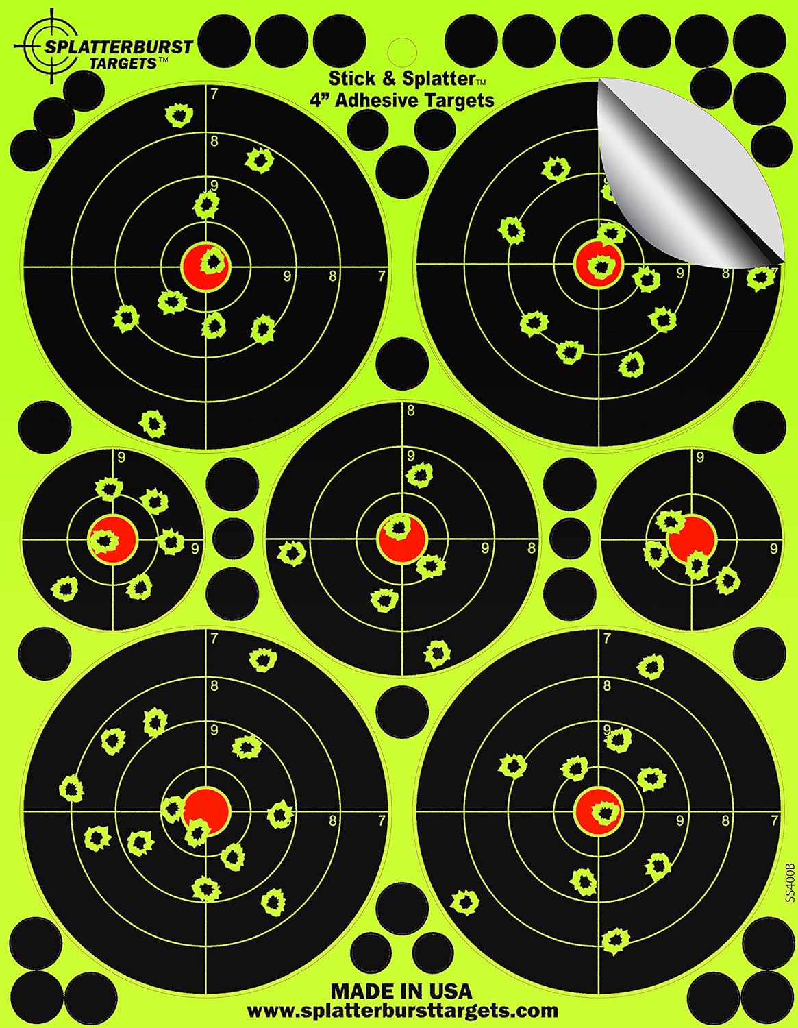 Adhesive Splatterburst Shooting Targets - 4 Inch for Rifle, Pistol & Airsoft - USA Made