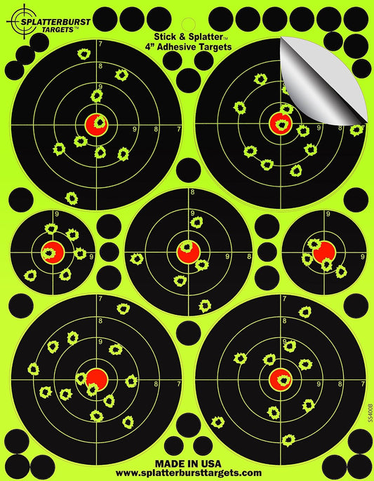 Adhesive Splatterburst Shooting Targets - 4 Inch for Rifle, Pistol & Airsoft - USA Made
