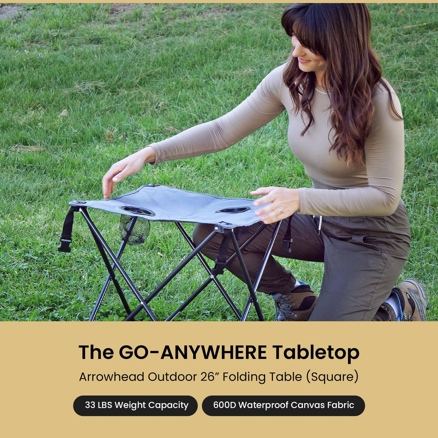 ARROWHEAD OUTDOOR 26” (66cm) Portable Camping Folding Table, 2 Cup Holders, Square, Carrying Case, Steel Frame, High-Grade 600D Canvas