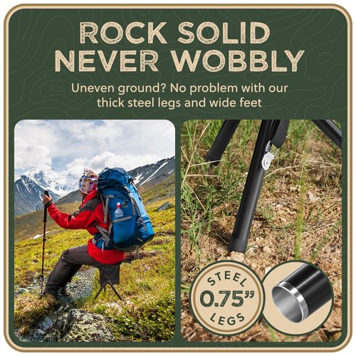 RISIBIX Foldable Tripod 13.4'' Stool - Ultra Portable Seat, Best for Youth+Pocket - 1 lb Camping Stool, 3 Legged Strong Steel Stool, Height: 13.4 inches (Black)