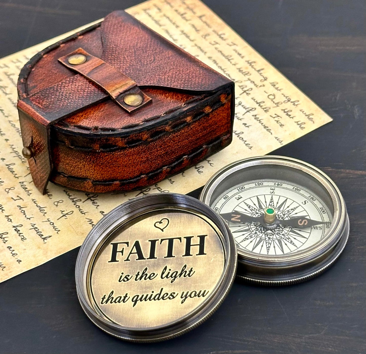 Faith Compass – Inspirational Gift for Men & Boys | Christian Baptism, Communion, Confirmation, or Graduation Present | “Faith is The Light That Guides You” Engraved | Leather Case
